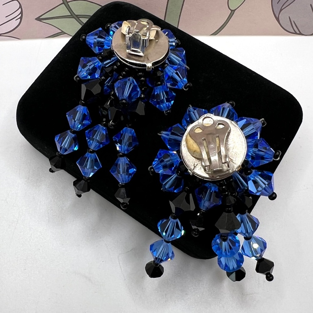 Blue & Black Glass Cluster CLIP Earrings - Picture 5 of 5